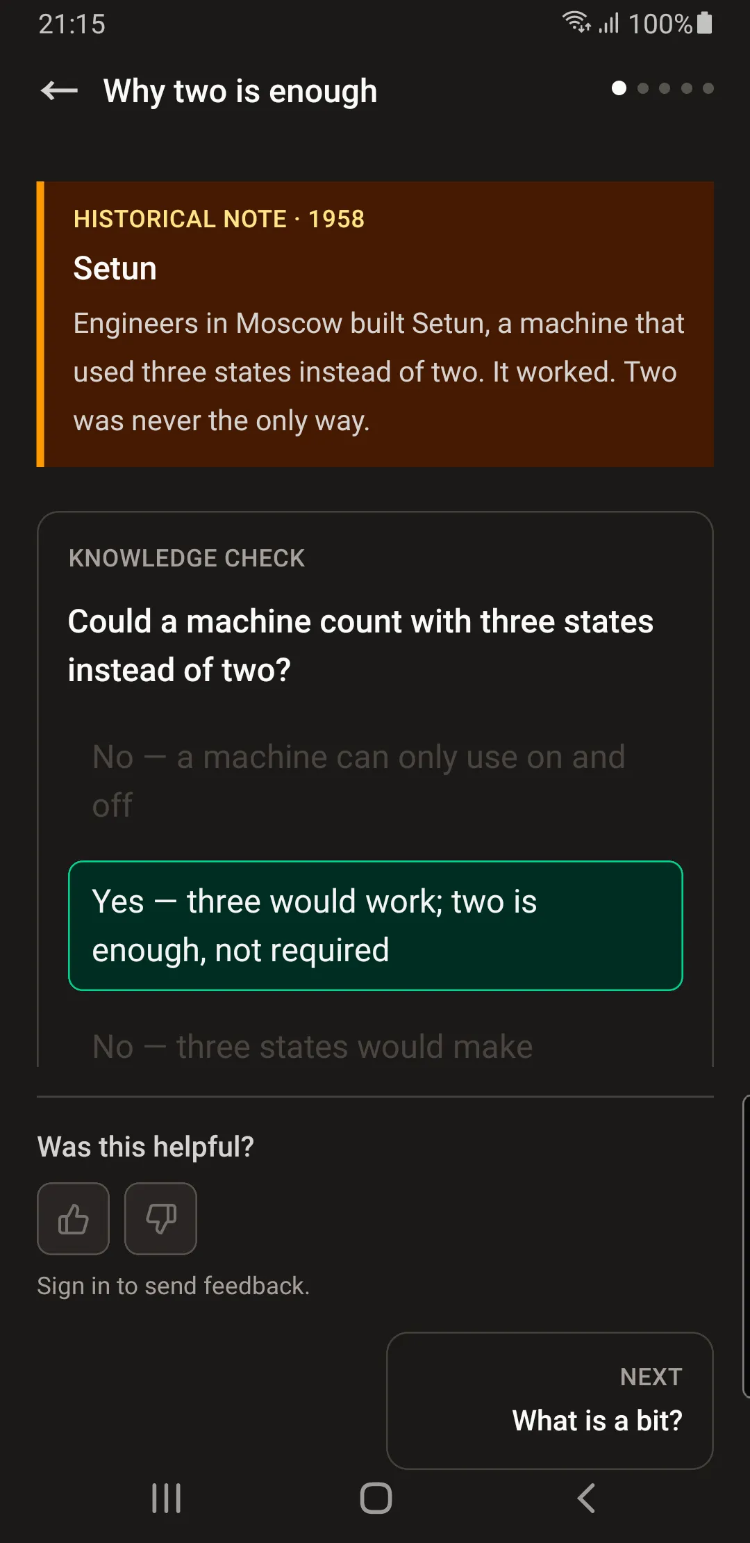 A knowledge check about counting with three states, with the correct answer marked.